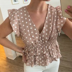 Tan polka dot ruffle detailed top